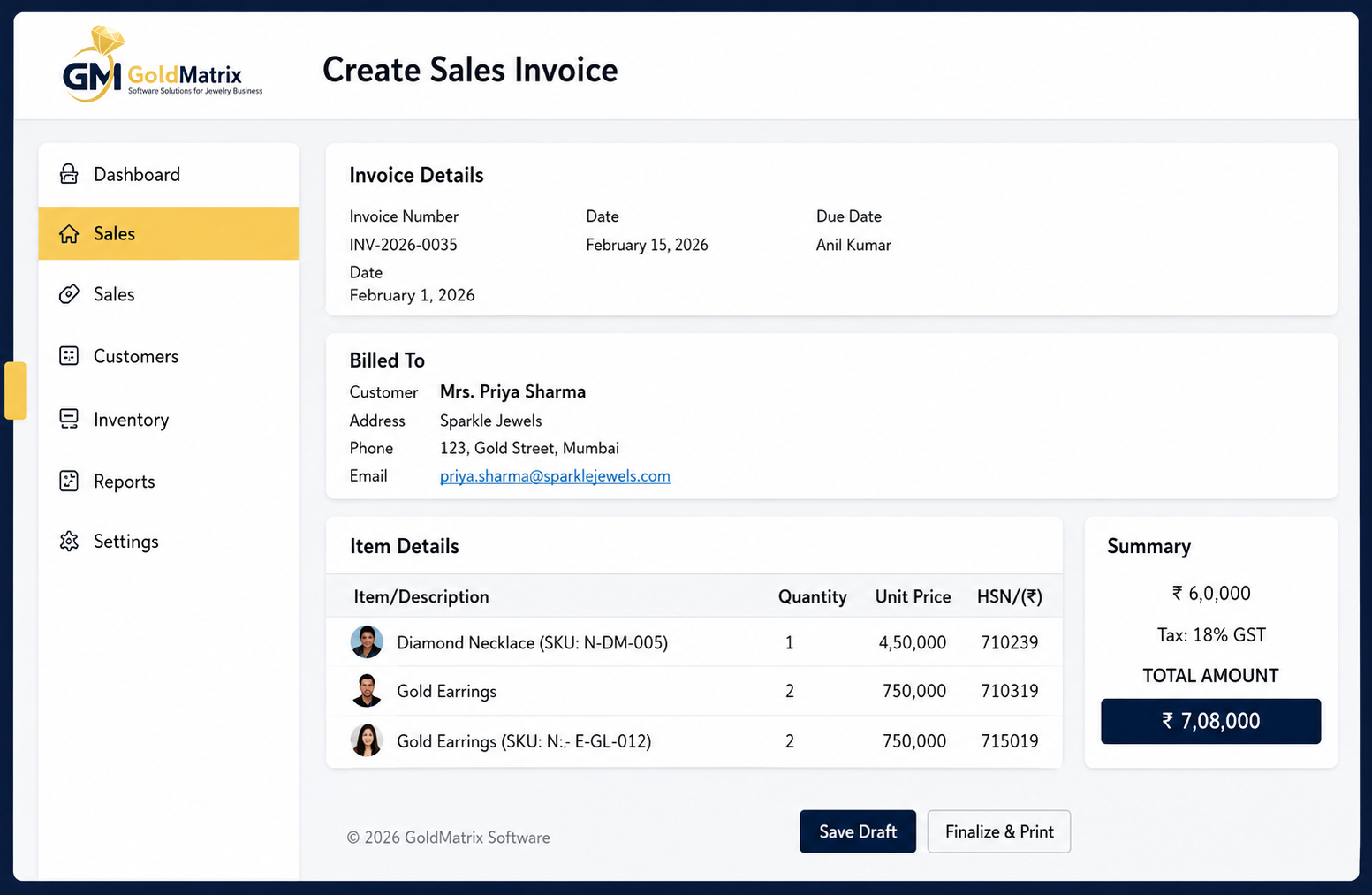 Jewellery Retail & Showroom Software Interface